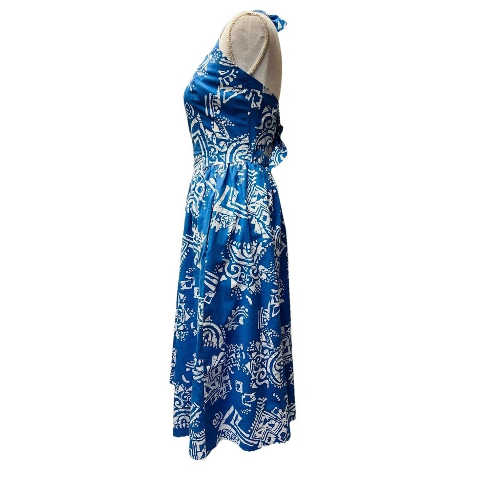 VTG Malia 6 Blue Floral Cotton Hawaiian Halter Dress Luau 60s 70s Tropical Beach - Picture 2 of 6